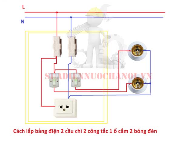Cách lắp bảng điện 2 cầu chì 2 công tắc 1 ổ cắm 2 bóng đèn