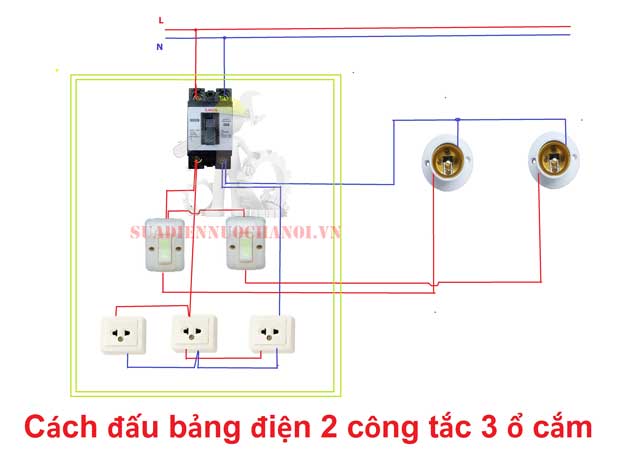 Cách đấu bảng điện 2 công tắc 3 ổ cắm