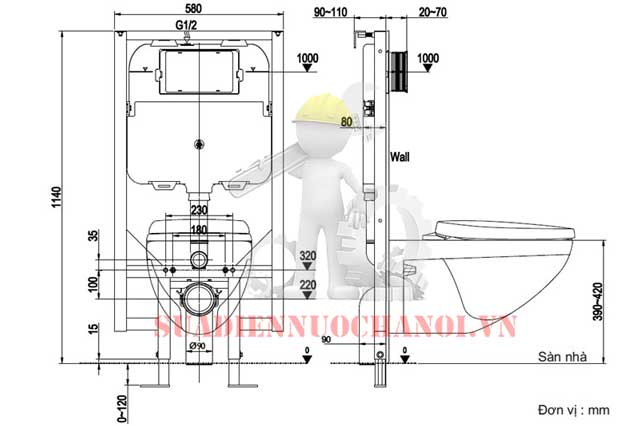 bản vẽ bồn cầu treo âm tường
