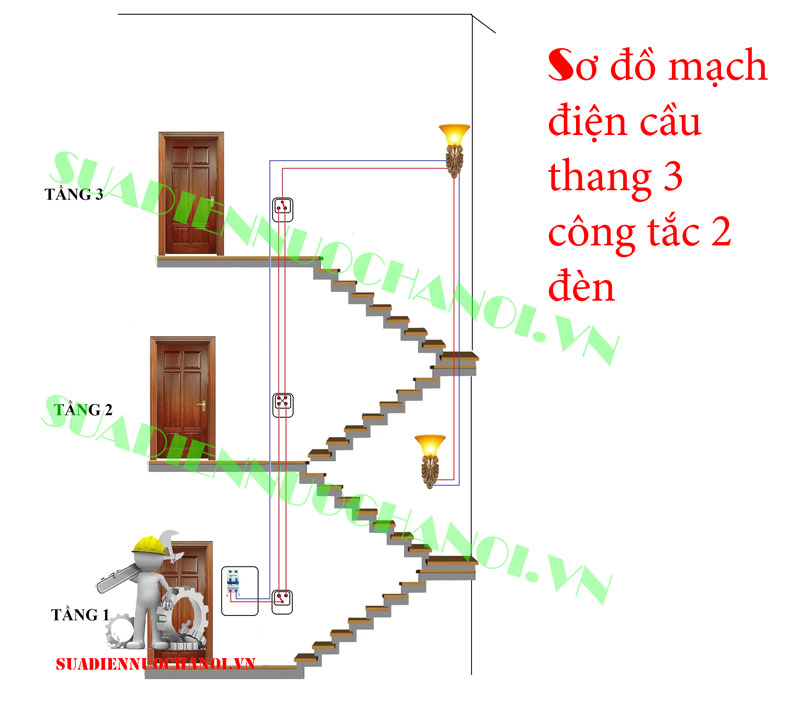Mạch điện cầu thang 3 công tắc 2 bóng đèn