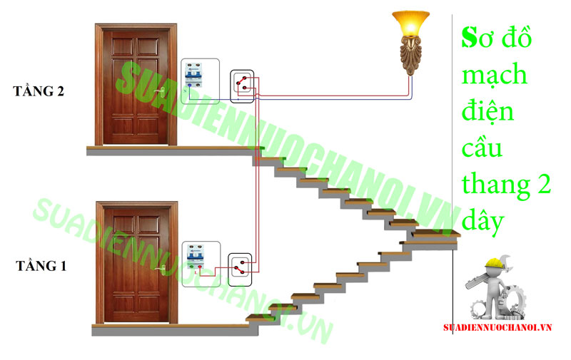 Sơ đồ công tắc cầu thang 2 chiều sử dụng 2 dây tín hiệu
