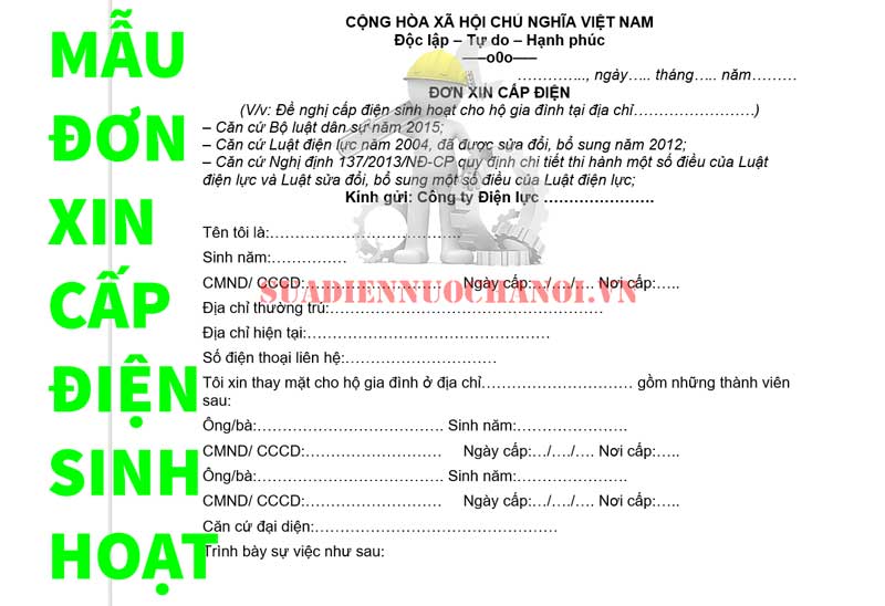 Mẫu đơn xin cấp điện sinh hoạt