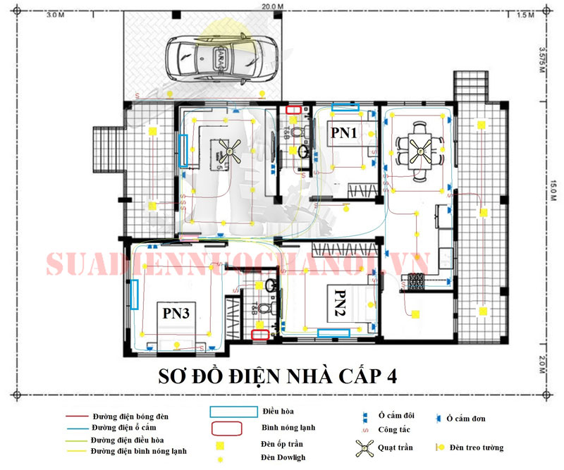 sơ đồ đi dây điện trong nhà cấp 4 có 3 phòng ngủ