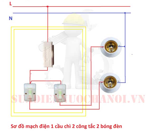 Sơ đồ mạch điện 1 cầu chì 2 công tắc 2 bóng đèn