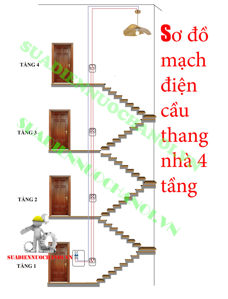 Sơ đồ đấu công tắc 4 cực cầu thang 4 tầng