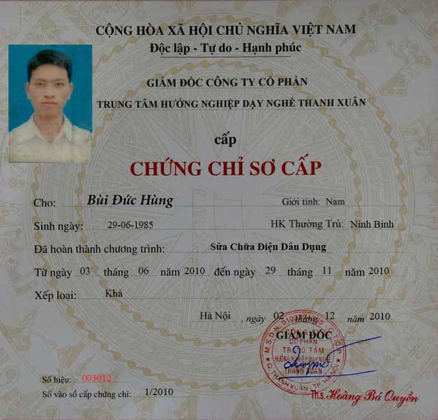 Chứng chỉ bằng cấp đào tạo nghề